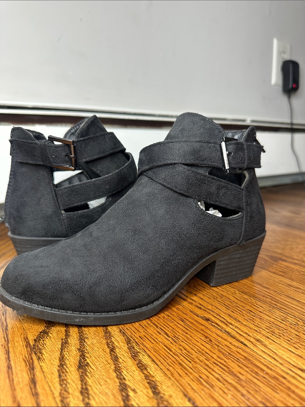 Baby Phat Black Suede Cutout Ankle Booties with Buckle Strap